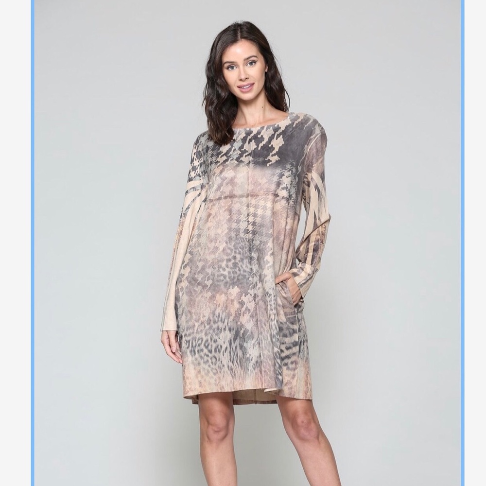 JOH Aurora faux suede printed brown dress